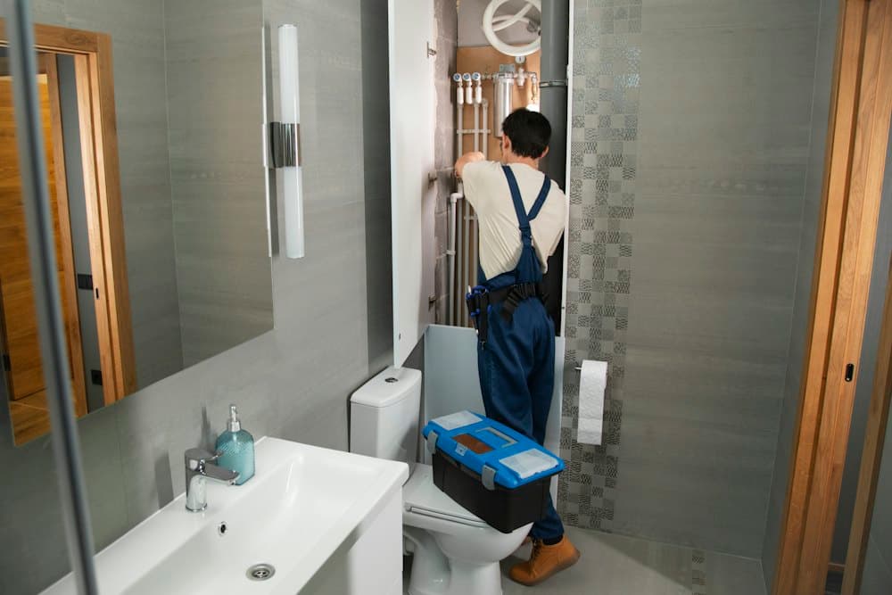 A plumber in blue dungarees working on pipes behind a bathroom wall, a toolbox open on the toilet seat