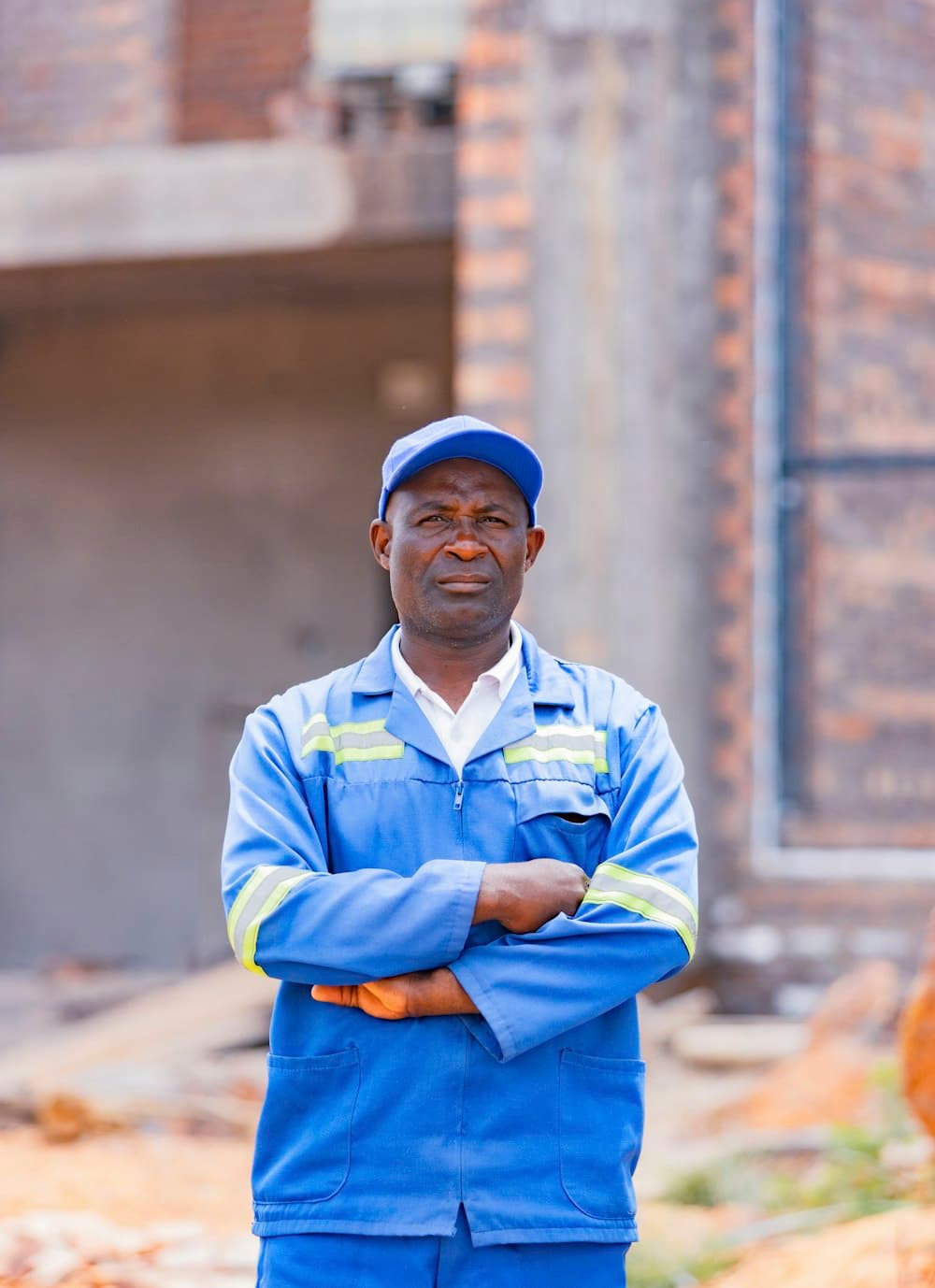 A tradesman in a blue cap and blue work overalls standing outside a half-built brick building with his arms crossed