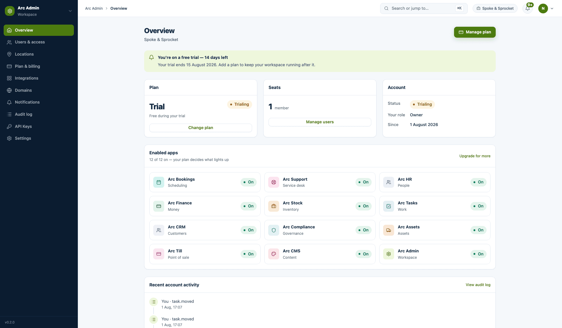 Arc Admin account overview