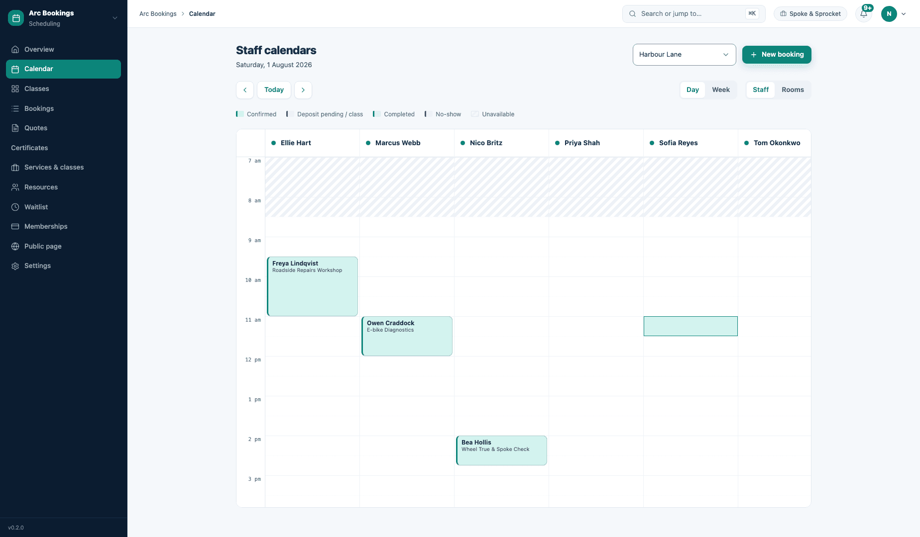 Arc Bookings calendar