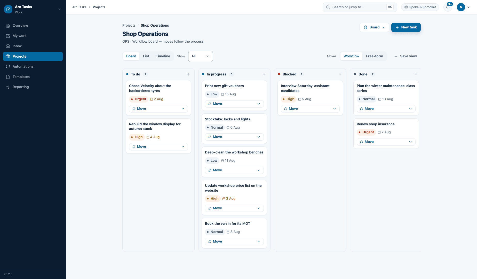 Arc Tasks workflow board with columns and priorities