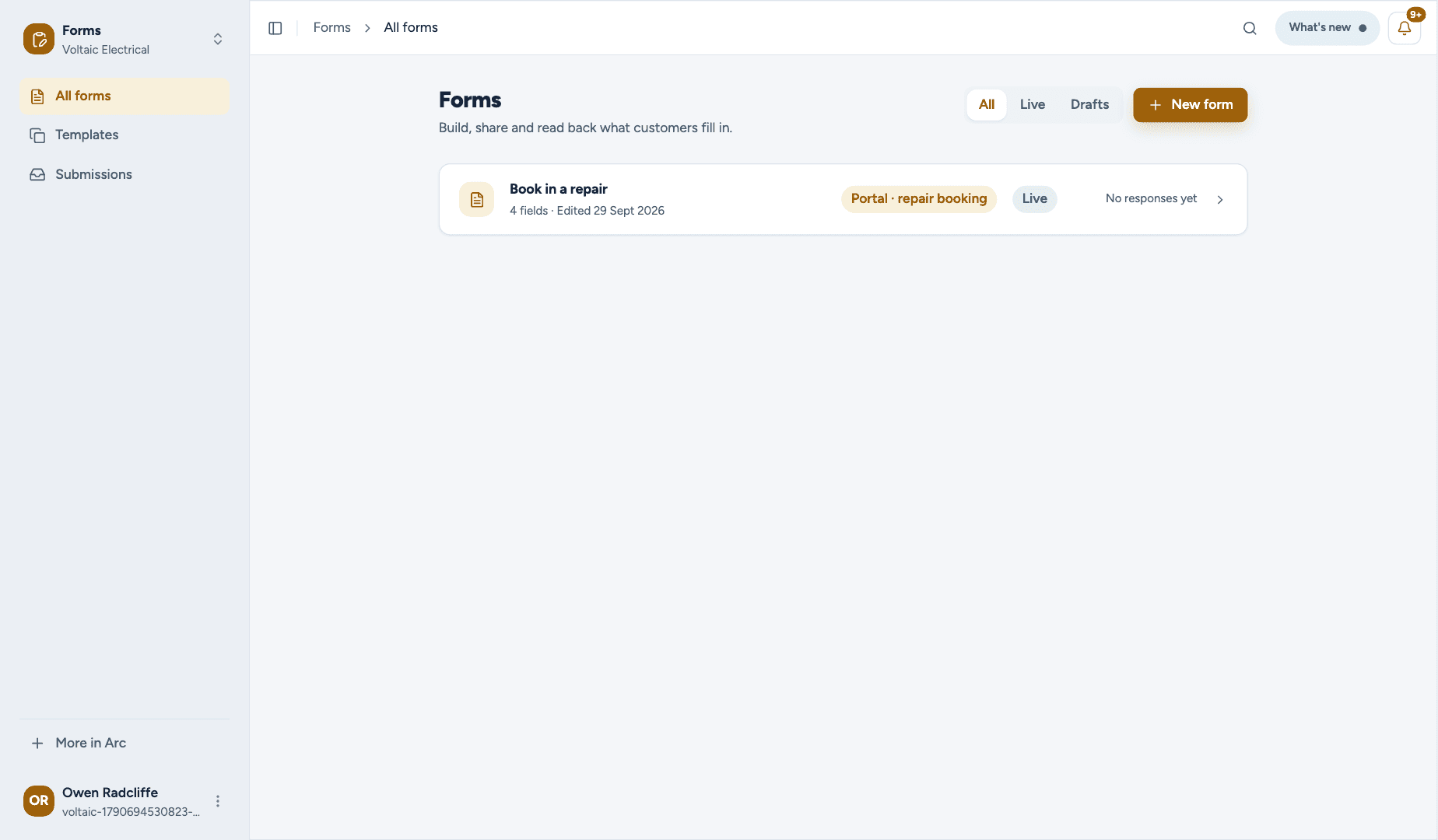 Forms: the forms list, with Book in a repair live