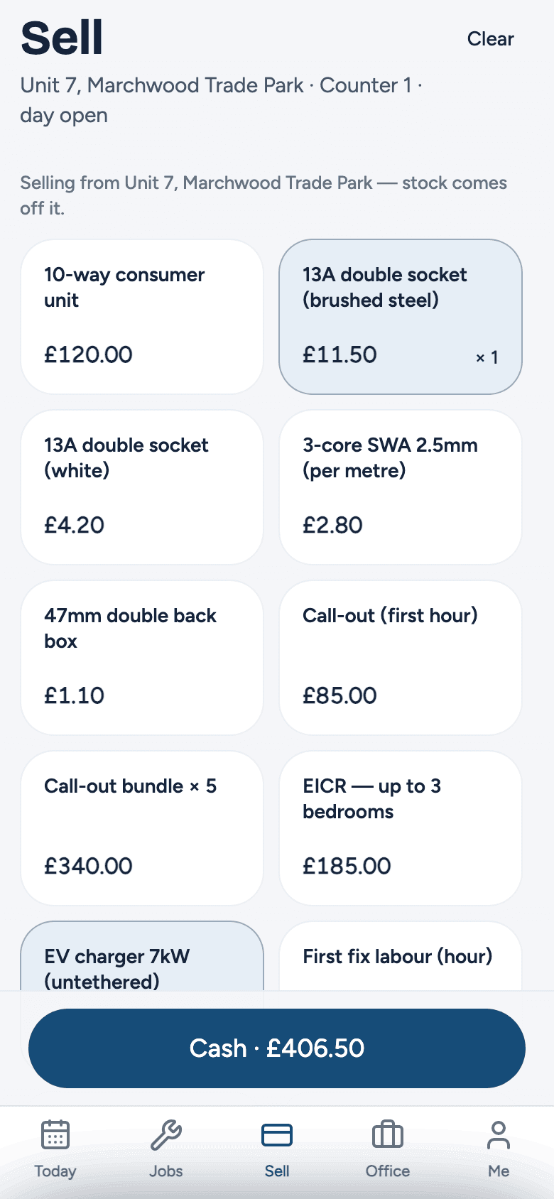 Arc Field Sell on a phone: the price list as tiles, with a cart totalled and ready to take