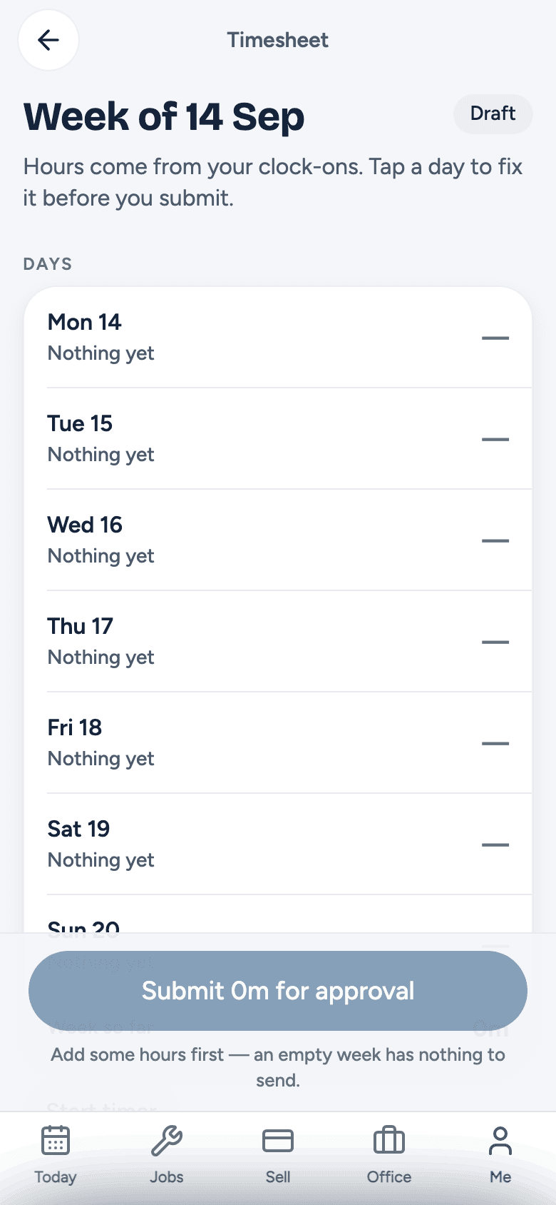 Arc Field's timesheet on a phone, showing a week of hours totalled and ready to submit for approval