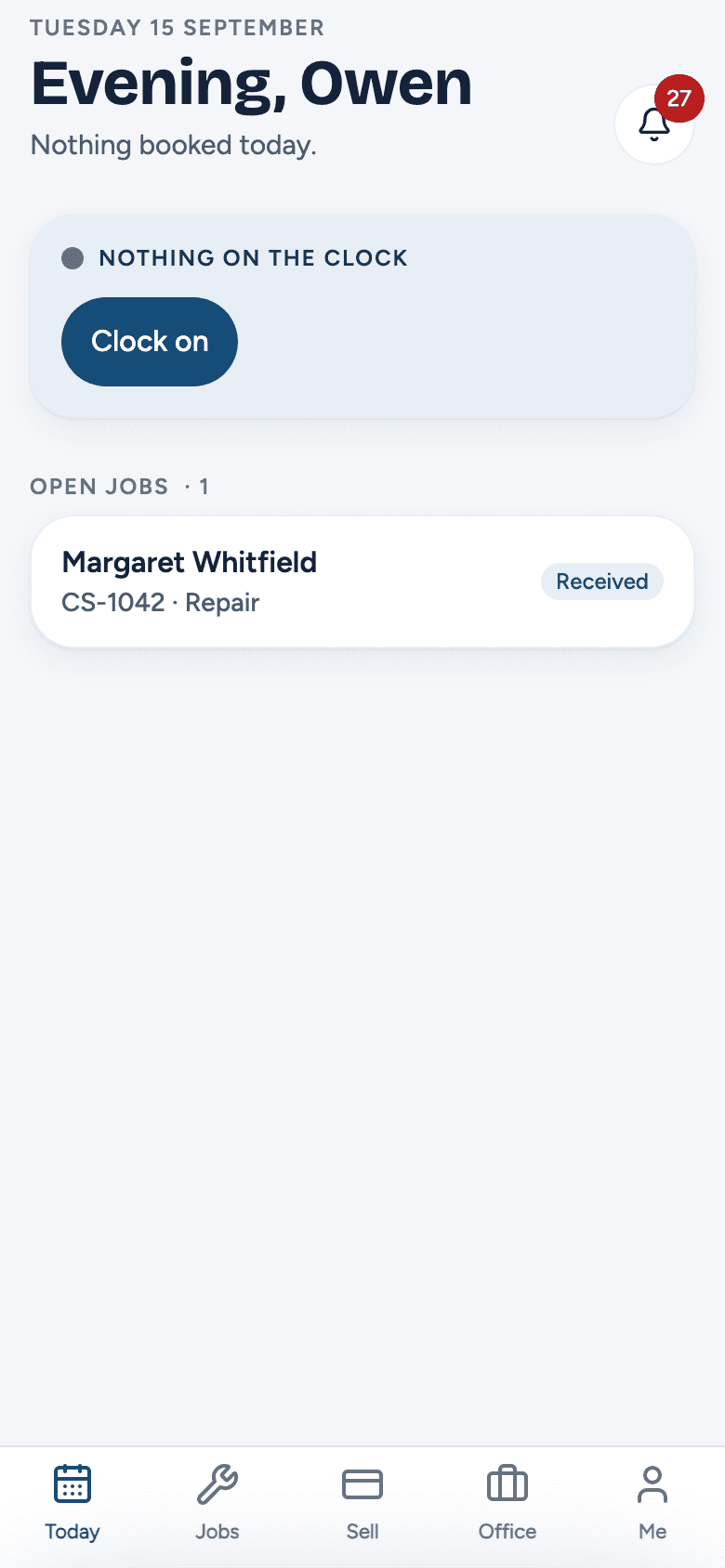 Arc Field's Today screen on a phone, listing the workspace's open jobs with each one's status