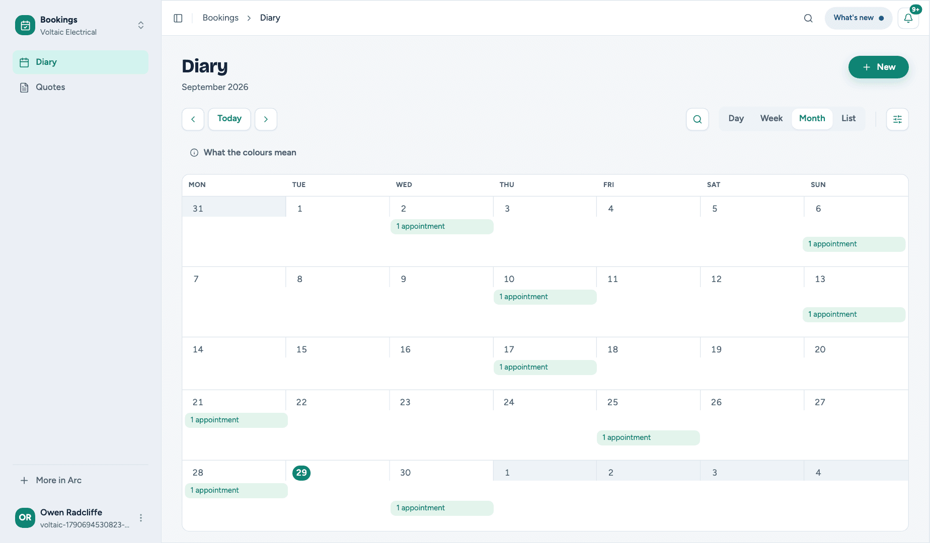 Bookings calendar in month view, a month of jobs booked in