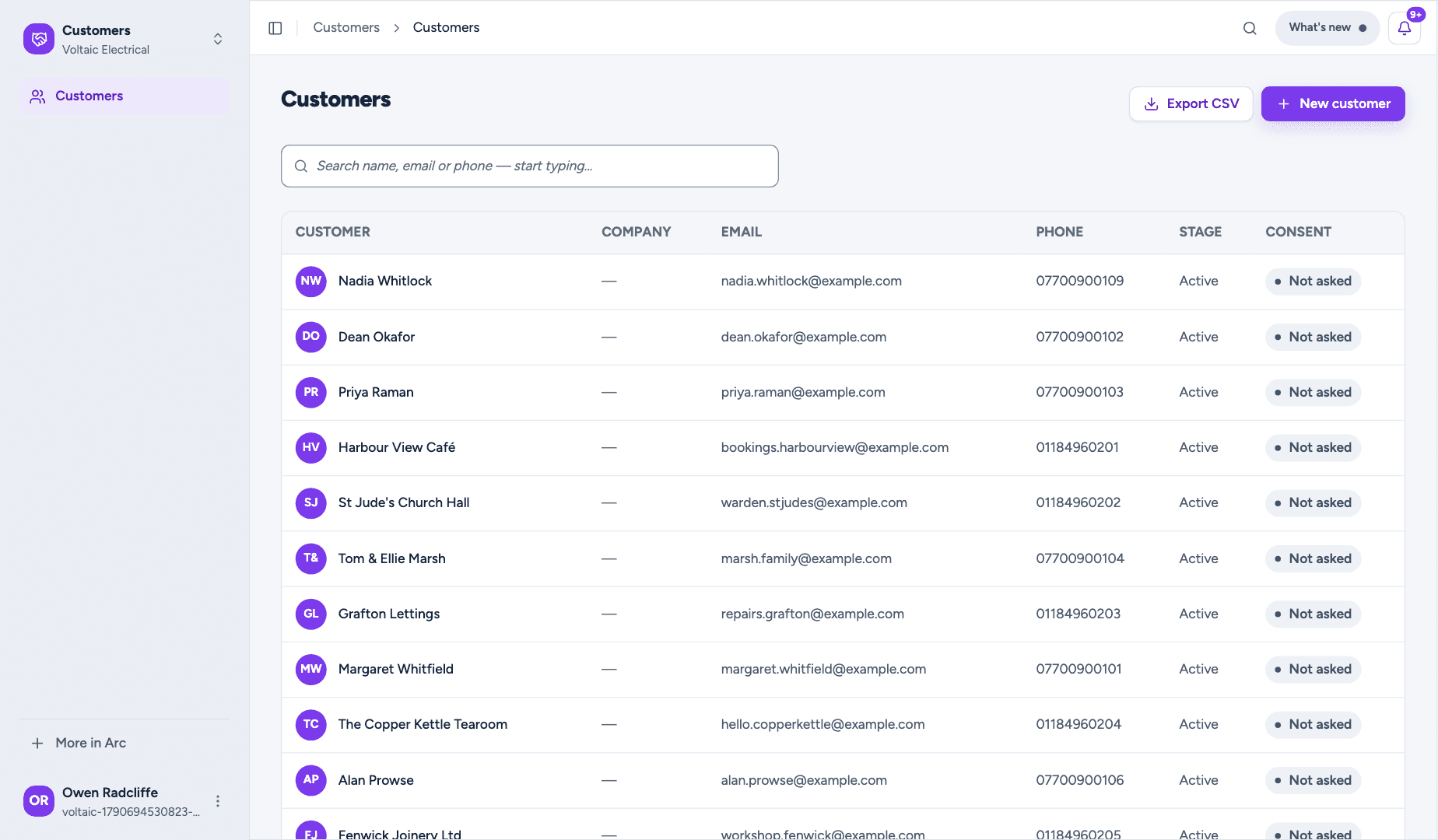 Customer list with consent states